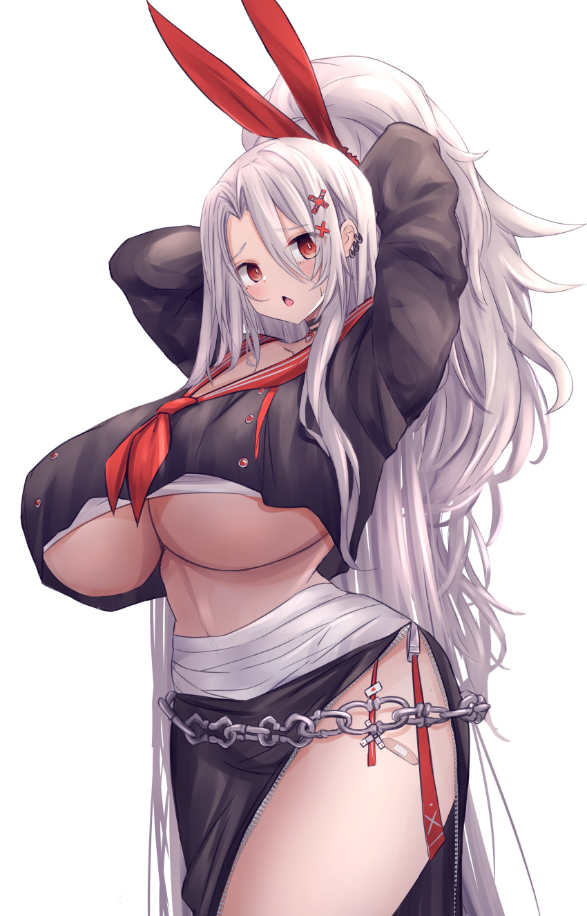 1girl absurdres animal_ears arms_behind_head azur_lane black_choker breasts chain choker commentary cowboy_shot crop_top crop_top_overhang cropped_shirt earrings fake_animal_ears grey_hair hair_between_eyes hair_ornament heart heart_choker highres huge_breasts jewelry long_hair looking_at_viewer multiple_earrings neckerchief official_alternate_costume open_mouth prinz_heinrich_(azur_lane) prinz_heinrich_(secret_boss_o'_the_underworld?)_(azur_lane) red_eyes red_neckerchief red_ribbon red_sailor_collar ribbon sailor_collar simple_background solo underboob very_long_hair white_background x_hair_ornament yuuki_shuri