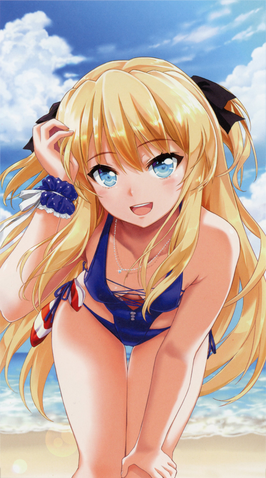 1girl absurdres arm_up bare_shoulders bikini blonde_hair blue_eyes bow breasts cleavage goli_matsumoto hair_bow highres leaning_forward long_hair looking_at_viewer medium_breasts official_art open_mouth shalon side-tie_bikini_bottom sidelocks skirt smile solo swimsuit teeth thighs two_side_up upper_teeth_only