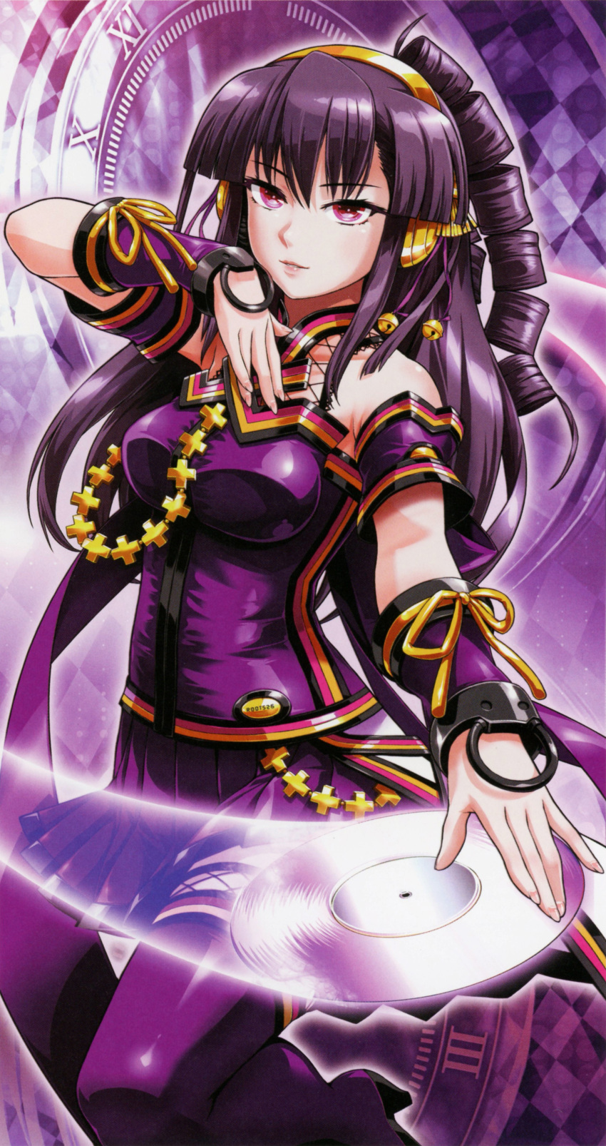 1girl absurdres arm_up bare_shoulders beatmania_iidx breasts dress goli_matsumoto hair_between_eyes hair_ornament headphones highres large_breasts long_hair official_art purple_dress purple_eyes purple_hair purple_skirt purple_thighhighs record skirt solo thighhighs umegiri_hifumi