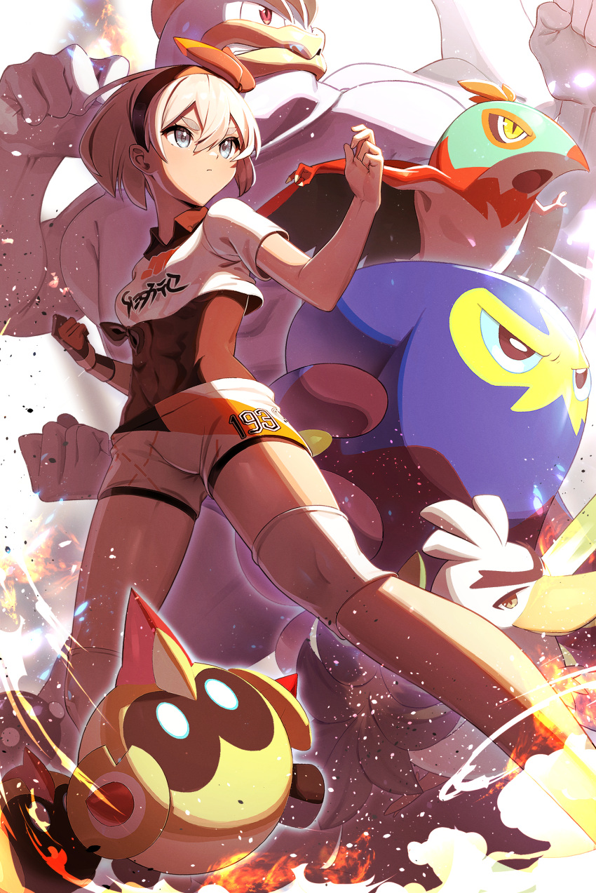 1girl abs absurdres bangs bea_(pokemon) bodysuit bow breasts clenched_hand closed_mouth covered_navel crop_top dynamax_band falinks fighting_stance fingerless_gloves fire from_below gloves grapploct grey_eyes grey_hair hair_between_eyes hair_bow hairband hands_up hawlucha highres knee_pads looking_ahead machamp number_print pokemon pokemon_(creature) pokemon_(game) pokemon_swsh print_shirt print_shorts serious shirt short_eyebrows short_hair short_shorts short_sleeves shorts single_fingerless_glove sirfetch'd small_breasts takom tan v-shaped_eyebrows white_shorts