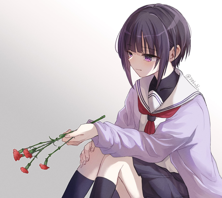 1girl black_hair black_shirt black_skirt black_socks cardigan feet_out_of_frame flower highres holding holding_flower idolmaster idolmaster_cinderella_girls kneehighs knees_up looking_ahead neckerchief purple_cardigan purple_eyes red_neckerchief sado_(38kun) school_uniform serafuku shirayuki_chiyo shirt short_hair sidelocks simple_background sitting skirt socks solo twitter_username