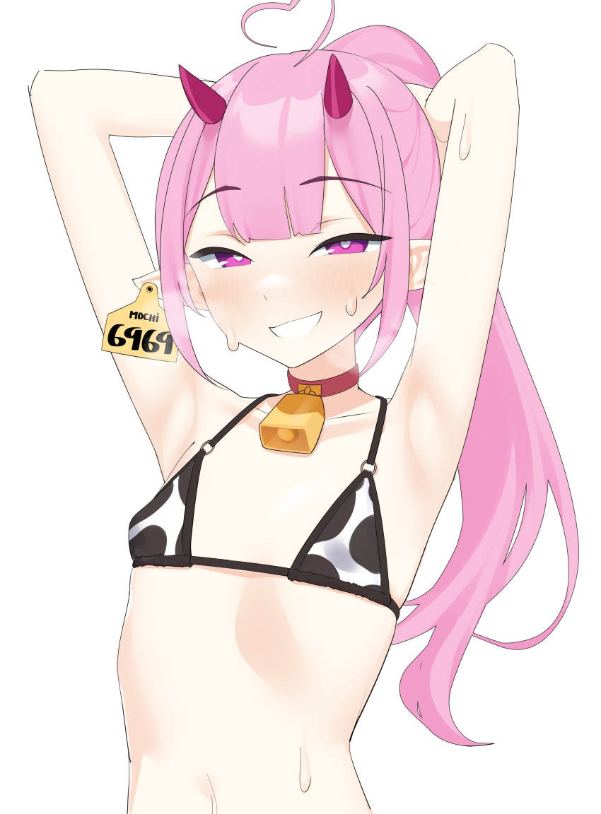 1girl absurdres ahoge animal_print armpits arms_behind_head arms_up bare_arms bare_shoulders bell bikini blush choker collarbone cow_print flat_chest grin highres horns indie_virtual_youtuber kijikoru long_hair looking_at_viewer mochi_(vtuber) neck_bell petite pink_eyes pink_hair ponytail simple_background smile solo stomach sweat swimsuit upper_body virtual_youtuber white_background