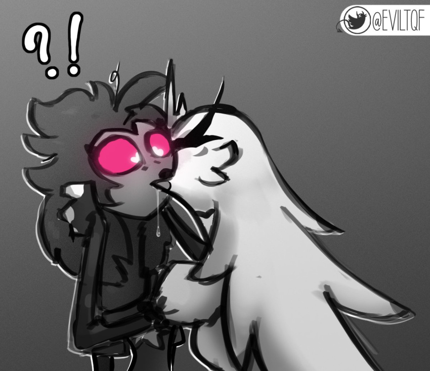 avian bird daughter_(lore) demon duo eviltqf feathers female female/female helluva_boss incest_(lore) monochrome mother_(lore) mother_and_child_(lore) mother_and_daughter_(lore) octavia_(helluva_boss) owl parent_(lore) parent_and_child_(lore) parent_and_daughter_(lore) pink_eyes simple_background stella_(helluva_boss) surprised_expression