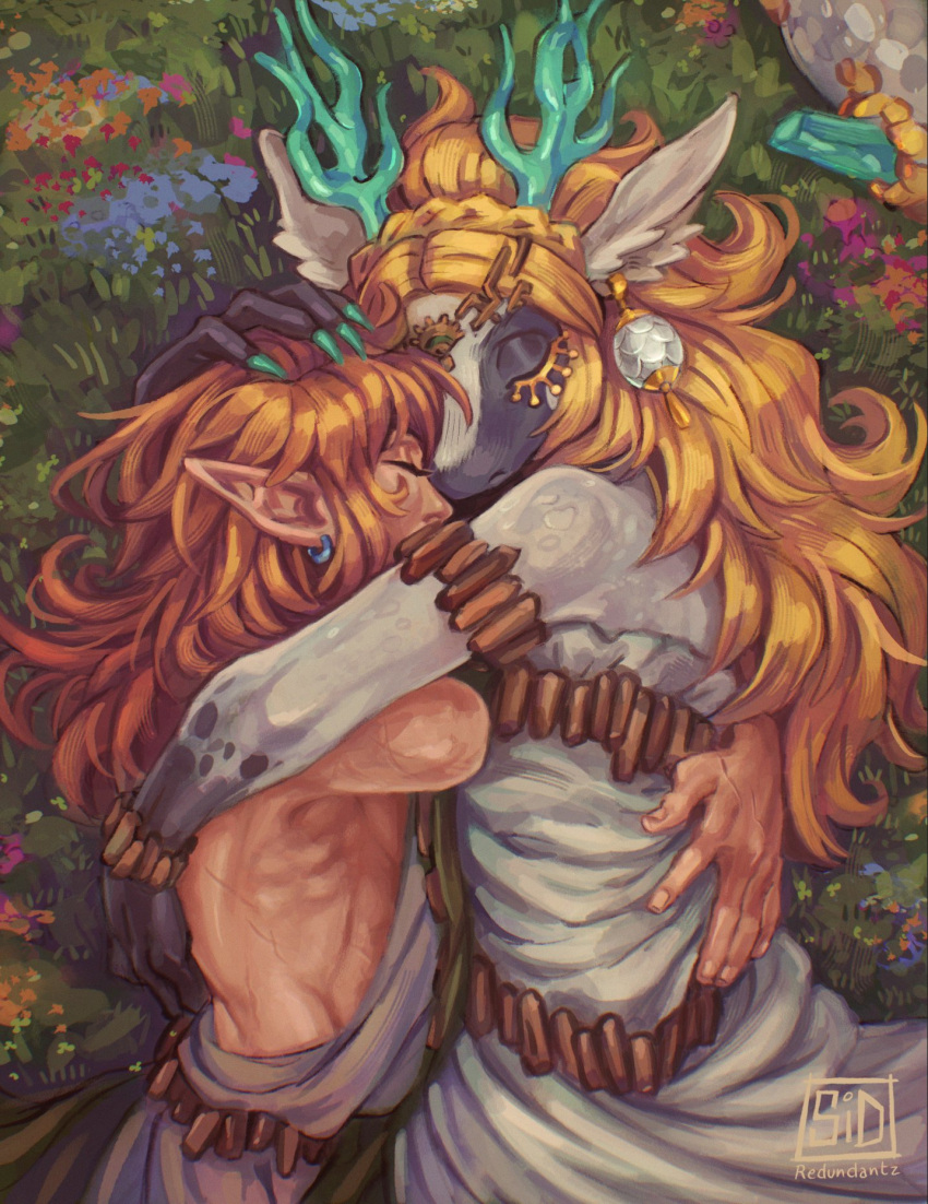 alternate_form amputee archaic_set_(zelda) blonde_hair claws closed_eyes dragon_girl dragon_horns dragon_tail dress earrings flower furry furry_female furry_with_non-furry grass highres horns hug interspecies jewelry light_dragon_(zelda) link pointy_ears princess_zelda redundantz spines tail the_legend_of_zelda the_legend_of_zelda:_tears_of_the_kingdom very_long_tail