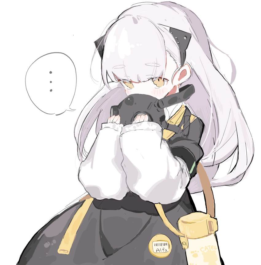 ... 1girl aged_down ak-alfa_(cat_snatcher_beneath_the_stars)_(girls'_frontline) ak-alfa_(girls'_frontline) blush character_name covered_mouth girls'_frontline highres looking_at_viewer mask official_alternate_costume sanma_(tabet_) sleeves_past_wrists solo thermos yellow_eyes