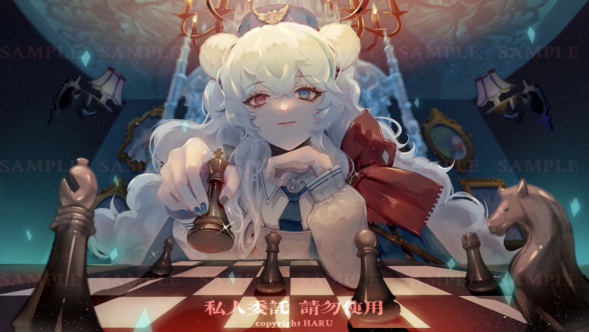 1girl animal_ears arknights artist_name bear_ears bishop_(chess) blue_eyes blue_hair blue_headwear blue_nails blue_necktie bow buttons chandelier chess_piece chessboard coat commentary eyebrows_visible_through_hair hair_between_eyes hat head_rest highres indoors king_(chess) knight_(chess) lamp lips looking_at_viewer multicolored_hair necktie pawn_(chess) picture_frame pink_hair queen_(chess) red_bow red_eyes rook_(chess) rosa_(arknights) sakurabaharu sample_watermark solo streaked_hair symbol-only_commentary ursus_empire_logo white_coat white_hair