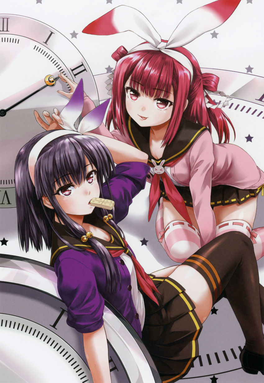 2girls absurdres beatmania_iidx black_skirt black_thighhighs breasts eating goli_matsumoto hair_between_eyes hairband highres medium_breasts medium_hair multiple_girls official_art pink_eyes pink_hair purple_eyes purple_hair school_uniform serafuku sidelocks skirt small_breasts striped_clothes striped_thighhighs thighhighs tongue tongue_out umegiri_ameto umegiri_hifumi