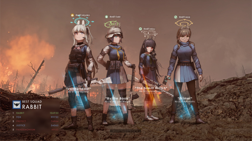 4girls animal_ears battlefield_(series) battlefield_1 black_footwear black_hair black_pantyhose blue_archive blue_halo blue_sailor_collar blue_serafuku blue_skirt blue_sweater boots brown_eyes brown_hair closed_mouth combat_helmet fake_animal_ears full_body gameplay_mechanics glasses green_eyes green_halo green_neckerchief grey_halo gun halo hat helmet highres holding holding_gun holding_weapon knee_pads long_hair long_sleeves miyako_(blue_archive) miyu_(blue_archive) moe_(blue_archive) multiple_girls neckerchief one_side_up open_mouth pantyhose pink_neckerchief pleated_skirt purple_eyes rabbit_ears rabbit_platoon_(blue_archive) red_eyes round_eyewear ryan_greythorn sailor_collar saki_(blue_archive) school_uniform serafuku shoes short_hair skirt smile stahlhelm standing sweater twintails two-tone_skirt user_interface weapon white_footwear white_hair white_hat white_pantyhose white_sailor_collar white_skirt yellow_halo yellow_neckerchief