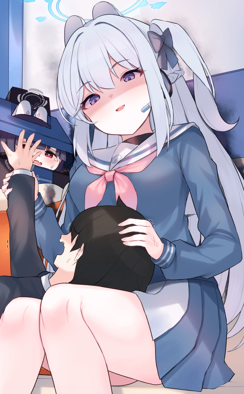 1boy 2girls absurdres ahoge animal_ears black_hair blue_archive blue_halo blue_serafuku blue_skirt blush braid earpiece fake_animal_ears false_smile fang grey_hair grey_halo halo highres long_hair long_sleeves mi_taro333 miyako_(blue_archive) miyu_(blue_archive) multiple_girls neckerchief one_side_up open_mouth pink_neckerchief pleated_skirt purple_eyes rabbit_ears red_eyes sailor_collar school_uniform sensei_(blue_archive) serafuku shaded_face skin_fang skirt smile trash_can two-tone_skirt white_sailor_collar white_skirt yandere