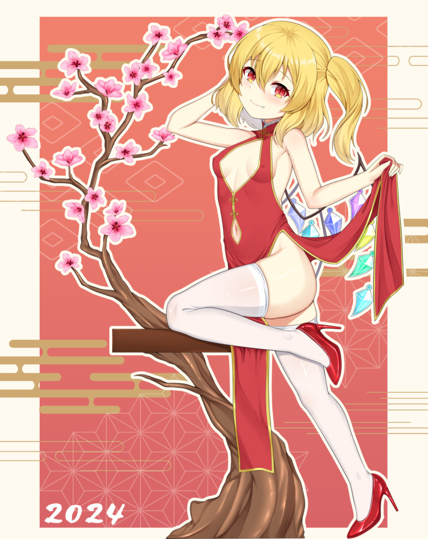 1girl 2024 akasaka_sato alternate_costume bare_arms bare_shoulders blonde_hair blush border branch breasts china_dress chinese_clothes closed_mouth clothes_lift clothing_cutout commentary_request covered_nipples dated dress dress_lift fang flandre_scarlet flower foot_up full_body hair_between_eyes high_heels highres hip_vent looking_at_viewer medium_hair midriff navel navel_cutout nengajou new_year no_bra no_headwear one_side_up paid_reward_available pink_flower red_background red_dress red_eyes red_footwear shiny_skin simple_background skindentation sleeveless sleeveless_dress slit_pupils small_breasts smile solo standing standing_on_one_leg thighhighs thighs touhou tsurime white_border white_thighhighs