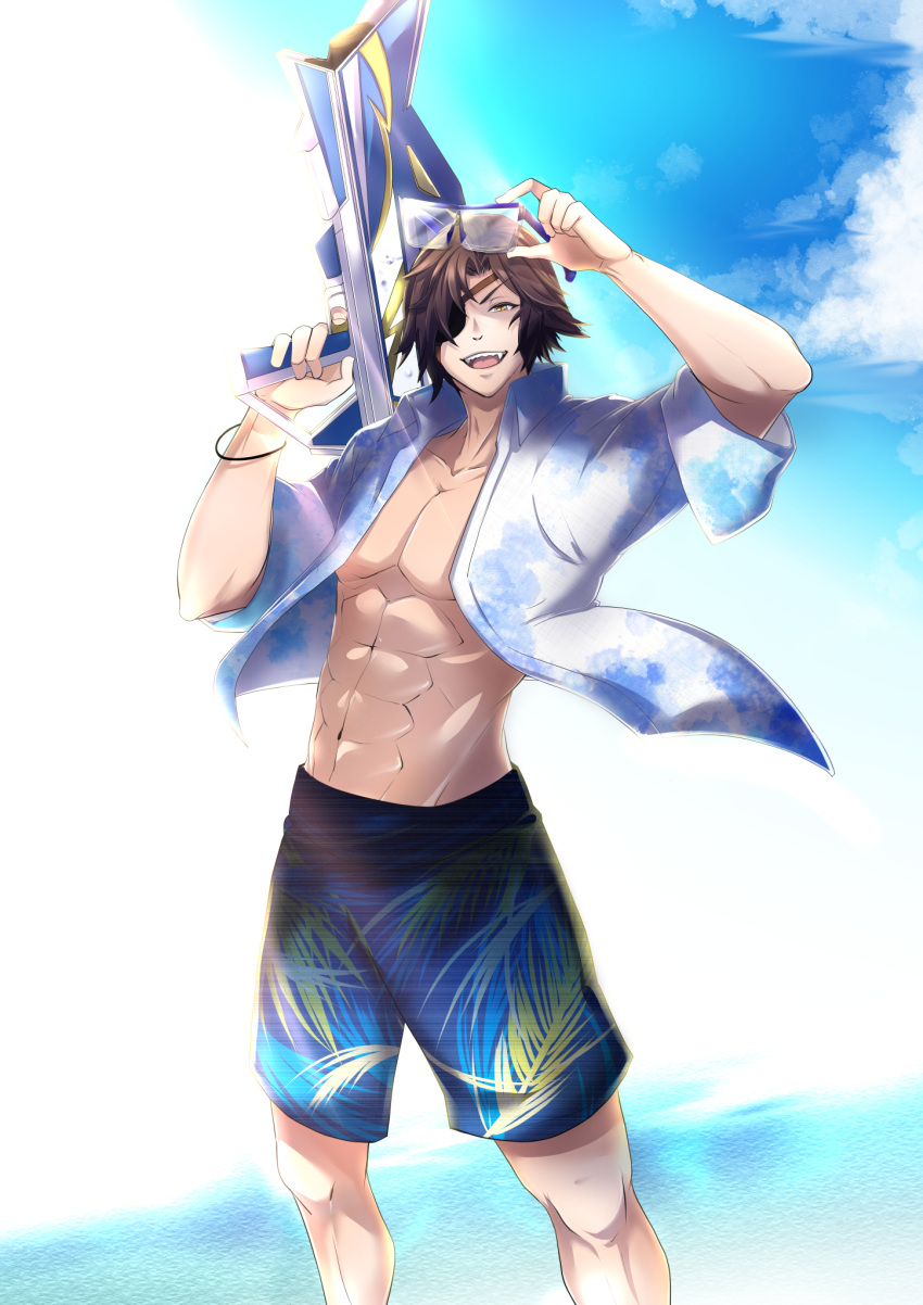 1boy :d abs blue_jacket brown_hair date_masamune_(sengoku_basara) eyepatch feet_out_of_frame highres holding holding_removed_eyewear holding_water_gun jacket male_focus male_swimwear muscular muscular_male sengoku_basara siso_zakura03 sky slit_pupils smile solo swim_trunks unworn_eyewear water_gun yellow_eyes