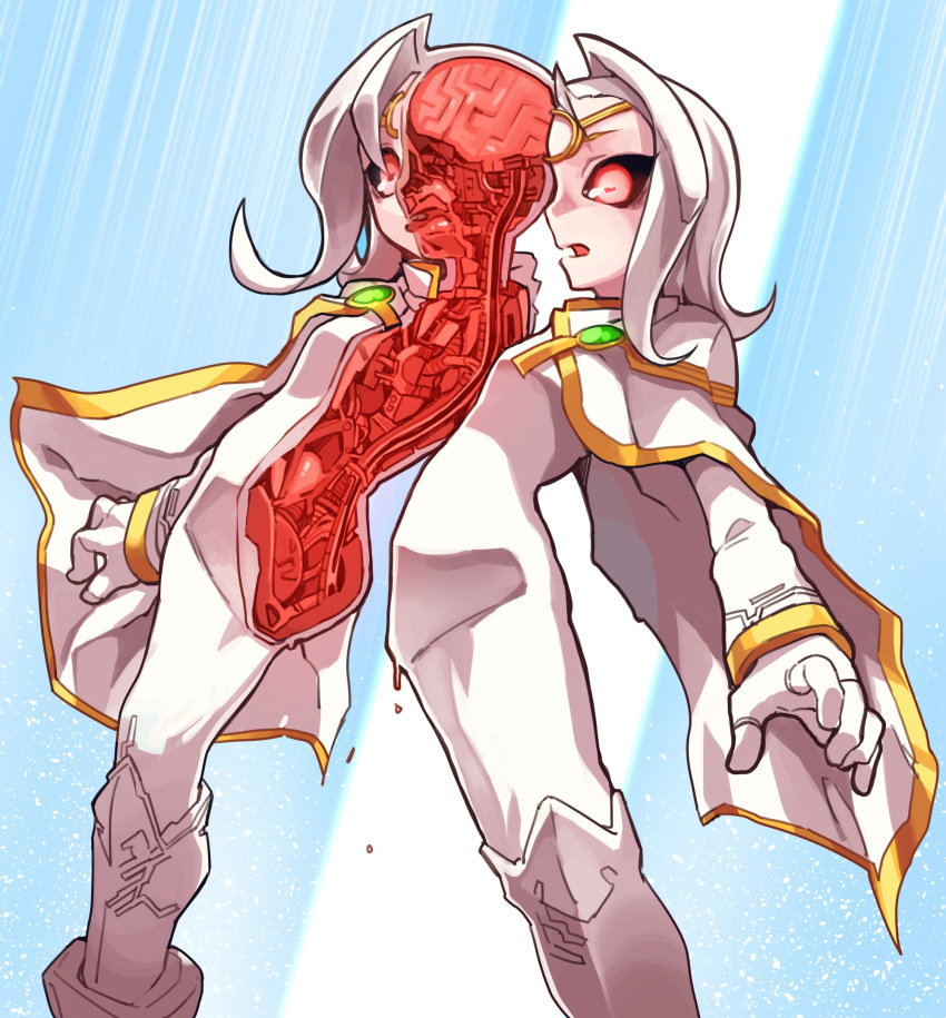 1other anatomy android bangs blue_background boots brain cape character_request commentary_request commission copyright_request cross-section dismemberment feet_out_of_frame fukumaaya gold_trim highres knee_boots long_sleeves medium_hair open_hands open_mouth outstretched_arms red_eyes skeb_commission solo tsurime white_hair