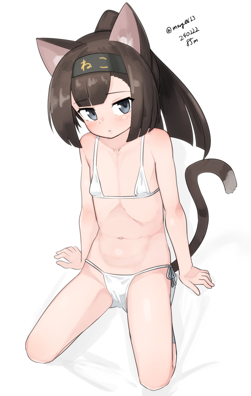 1girl absurdres akizuki_(kancolle) animal_ears bikini black_hair black_hairband cat_ears cat_tail flat_chest grey_eyes hairband highres kantai_collection kneeling maru_(marg0613) micro_bikini one-hour_drawing_challenge ponytail side-tie_bikini_bottom solo swimsuit tail white_bikini