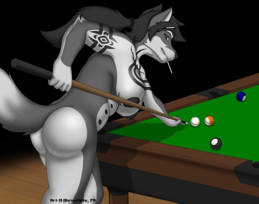 absurd_res angelo_aussuire anthro areola big_areola big_breasts billiard_ball billiard_table black_nipples black_nose breasts bubble_butt butt candy canid canine canis casual_nudity cue dessert eyebrows eyewear female food fur grey_body grey_fur grin hair hi_res lollipop looking_at_viewer looking_back mammal multi_nipple multicolored_body multicolored_fur nipples nude ponytail silver_eyes smile solo sunglasses tattoo thick_eyebrows thick_thighs two_tone_body two_tone_fur watermark white_body white_fur white_inner_ear wolf wood_floor