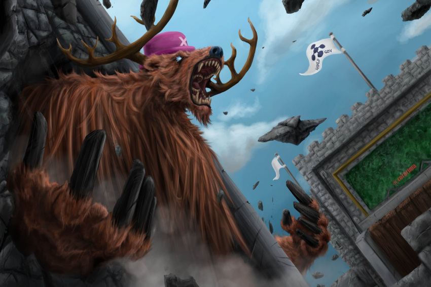 1boy alternate_form animal_ears animal_nose antlers cloud cloudy_sky commentary corarima empty_eyes english_commentary hat highres horns male_focus monsterification one_piece open_mouth outdoors pink_hat realistic reindeer_antlers sharp_teeth sky solo teeth tony_tony_chopper