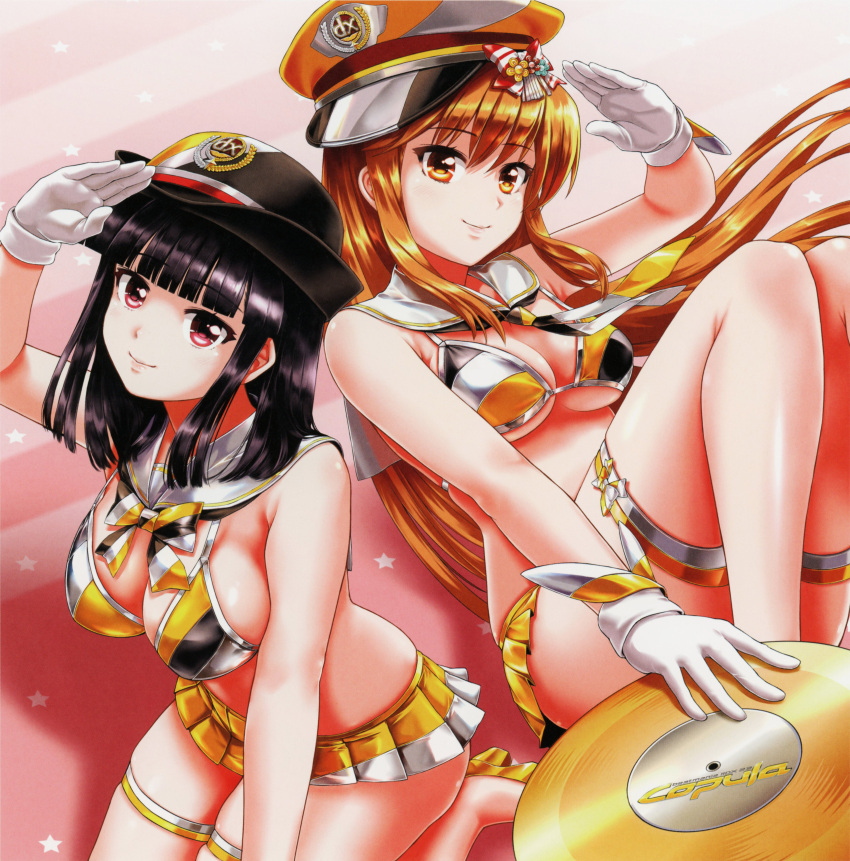 2girls absurdres arm_up beatmania_iidx bikini black_hair blunt_bangs breasts gloves goli_matsumoto hair_between_eyes hat highres hinazuki_ririna holding_record large_breasts long_hair medium_hair multicolored_bikini multicolored_clothes multiple_girls official_art orange_eyes orange_hair red_eyes sidelocks smile swimsuit teeth thighs umegiri_iroha upper_teeth_only very_long_hair white_gloves