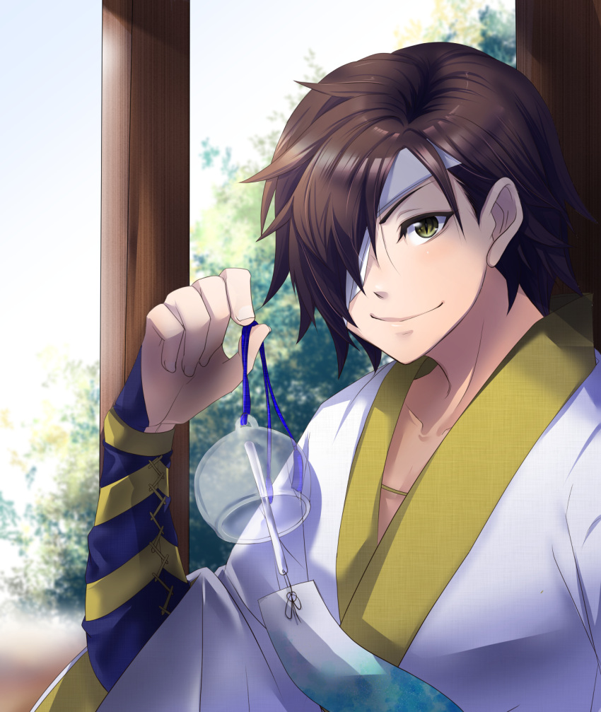 1boy bandage_over_one_eye brown_hair date_masamune_(sengoku_basara) hair_over_one_eye highres holding holding_wind_chime japanese_clothes looking_at_viewer male_focus outdoors sengoku_basara short_hair siso_zakura03 slit_pupils smile solo upper_body wind_chime yellow_eyes