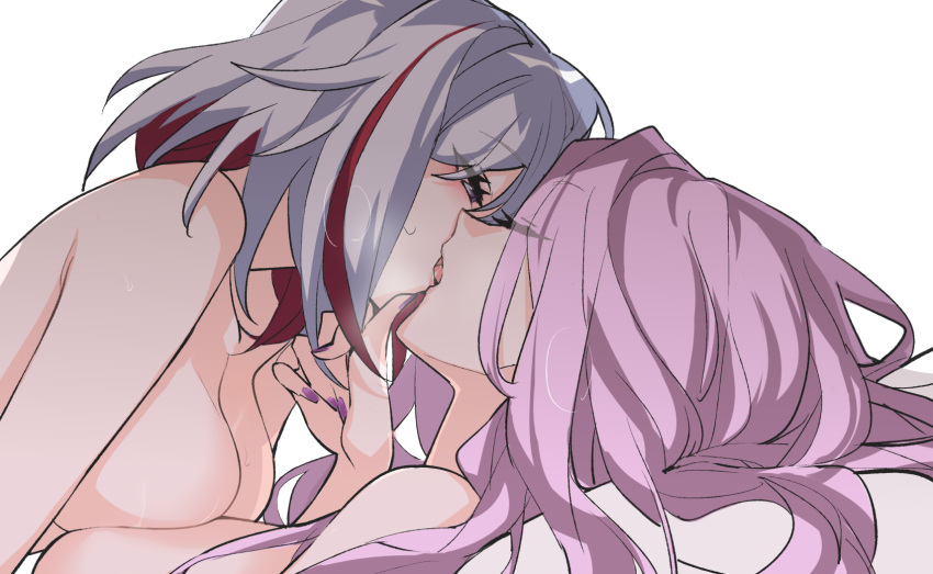 2girls asymmetrical_docking breast_press breasts closed_eyes commentary_request from_side grey_eyes grey_hair highres honkai:_star_rail honkai_(series) jade_(honkai:_star_rail) kiss long_hair medium_breasts multiple_girls nude profile red_hair rekka short_hair simple_background topaz_(honkai:_star_rail) white_background yuri