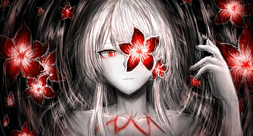 1girl acheron_(honkai:_star_rail) bare_shoulders body_markings bright_pupils closed_mouth collarbone commentary english_commentary eyeliner flower hand_up highres honkai:_star_rail honkai_(series) long_hair looking_at_object makeup one_eye_covered partially_submerged portrait red_eyeliner red_eyes red_flower solo wasdmyway white_hair white_pupils