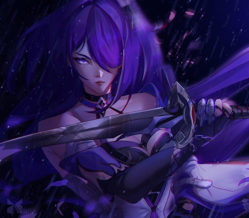 1girl acheron_(honkai:_star_rail) arisa armor armpit_crease artist_logo bad_id bandaged_arm bandages bare_shoulders black_choker black_gloves breasts chain chain_around_arm choker cleavage coat commentary criss-cross_halter diamond-shaped_pupils diamond_(shape) different_reflection earrings english_commentary gloves hair_ornament hair_over_one_eye halterneck highres holding holding_sword holding_weapon honkai:_star_rail honkai_(series) jewelry katana large_breasts lis_arisa long_hair multicolored_hair parted-lips pink_petals purple_eyes purple_hair red_eyes reflection shoulder_armor single_wide_sleeve solo streaked_hair sword symbol-shaped_pupils weapon white_coat white_hair