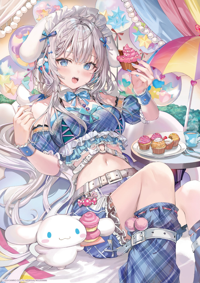 1girl 2024 :d blue_eyes blue_leg_warmers blue_shorts blue_skirt breasts cinnamoroll fang fangs highres kneehighs looking_at_viewer medium_breasts midriff momoko_(momopoco) multicolored_clothes navel open_mouth sanrio shorts sitting skirt smile socks solo stomach striped_leg_warmers tongue