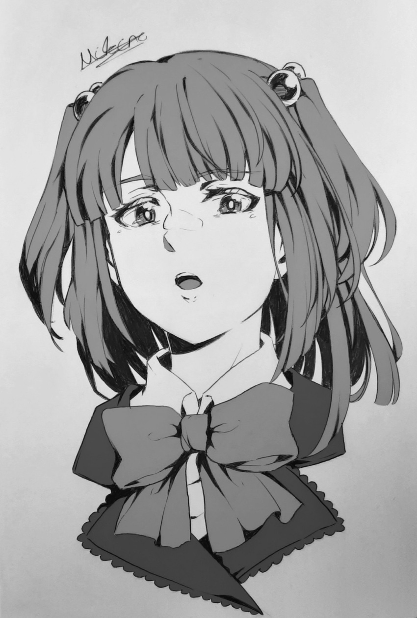 1girl bow bowtie commentary greyscale hair_bobbles hair_ornament highres looking_at_viewer medium_hair mikanodzilla monochrome open_mouth parted_bangs shirt signature solo teeth two_side_up umineko_no_naku_koro_ni upper_body upper_teeth_only ushiromiya_ange