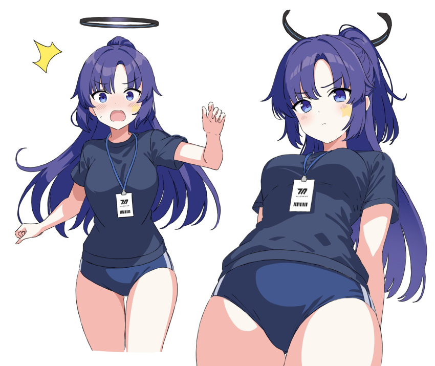 1girl black_halo black_shirt blue_archive blue_buruma blue_eyes breasts buruma cowboy_shot dot_nose gym_uniform halo highres id_card kousuke0912 light_blush long_hair looking_at_viewer mechanical_halo medium_breasts multiple_views official_alternate_costume official_alternate_hairstyle open_mouth parted_bangs ponytail purple_hair shirt short_sleeves sidelocks simple_background solo star_sticker sticker_on_face thighs wavy_mouth white_background yuuka_(blue_archive) yuuka_(track)_(blue_archive)