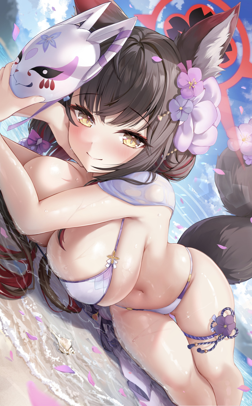 1girl absurdres animal_ear_fluff animal_ears bikini black_hair blue_archive blush breasts closed_mouth day feet_out_of_frame flower fox_ears fox_mask hair_flower hair_ornament halo highres large_breasts long_hair looking_at_viewer lying mask navel ocean official_alternate_costume on_side outdoors petals purple_bikini purple_flower red_halo shiranui_(nisioisin_sinob) smile solo swimsuit wakamo_(blue_archive) wakamo_(swimsuit)_(blue_archive) yellow_eyes