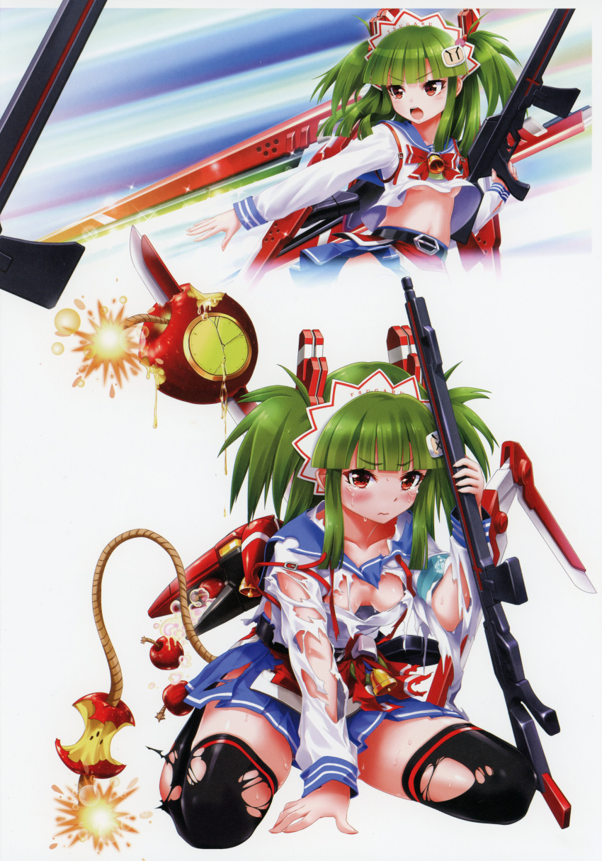 1girl absurdres angry apple ass beatmania_iidx bell black_thighhighs blunt_bangs bomb bombergirl breasts cleavage crying crying_with_eyes_open explosive food fruit full_body goli_matsumoto green_hair gun hair_ornament highres hishimiya_tsugaru long_hair navel official_art open_mouth red_eyes school_uniform serafuku skirt small_breasts solo tears teeth thighhighs torn_clothes torn_thighhighs two_side_up underboob upper_teeth_only weapon