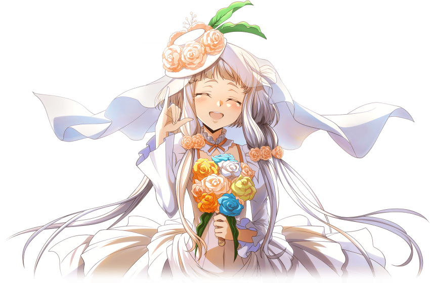 1girl \m/ ^_^ artist_request blue_flower blue_rose bouquet bridal_veil child closed_eyes code_geass code_geass:_lost_stories covered_navel cropped_torso dark-skinned_female dark_skin dress facing_viewer flower game_cg hair_flower hair_ornament hands_up happy hat hat_flower highres holding holding_bouquet leaf long_hair long_sleeves non-web_source official_art open_mouth orange_flower orange_rose rose see-through_veil sidelocks simple_background smile solo standing tears teeth tianzi transparent_background upper_body veil very_long_hair wedding_dress white_dress white_flower white_hair white_rose yellow_flower yellow_rose