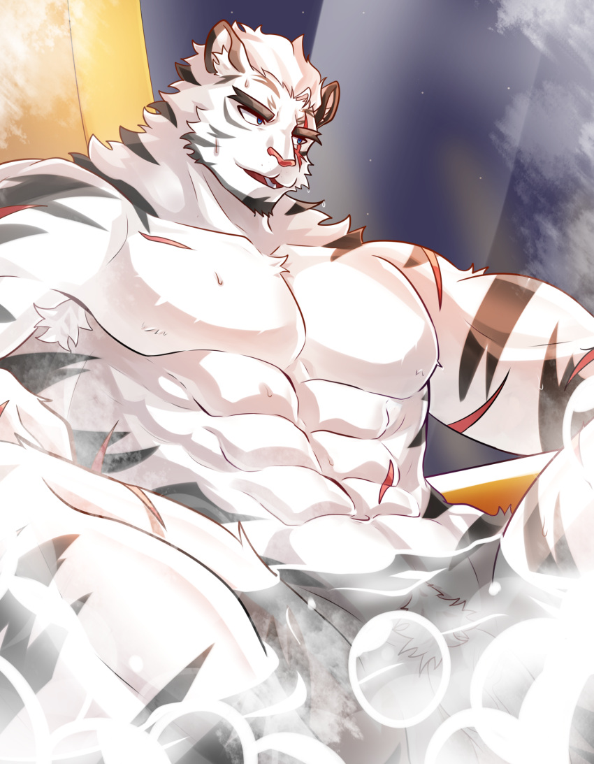 1boy abs animal_ears arknights armpit_hair armpit_hair_peek bara bathtub completely_nude convenient_censoring facial_hair flaccid from_below furry furry_male goatee highres ipyeonham large_pectorals looking_to_the_side male_focus mountain_(arknights) muscular muscular_male nude pectorals penis scar scar_across_eye scar_on_arm short_hair soap_bubbles soap_censor solo thick_eyebrows tiger_boy tiger_ears white_hair