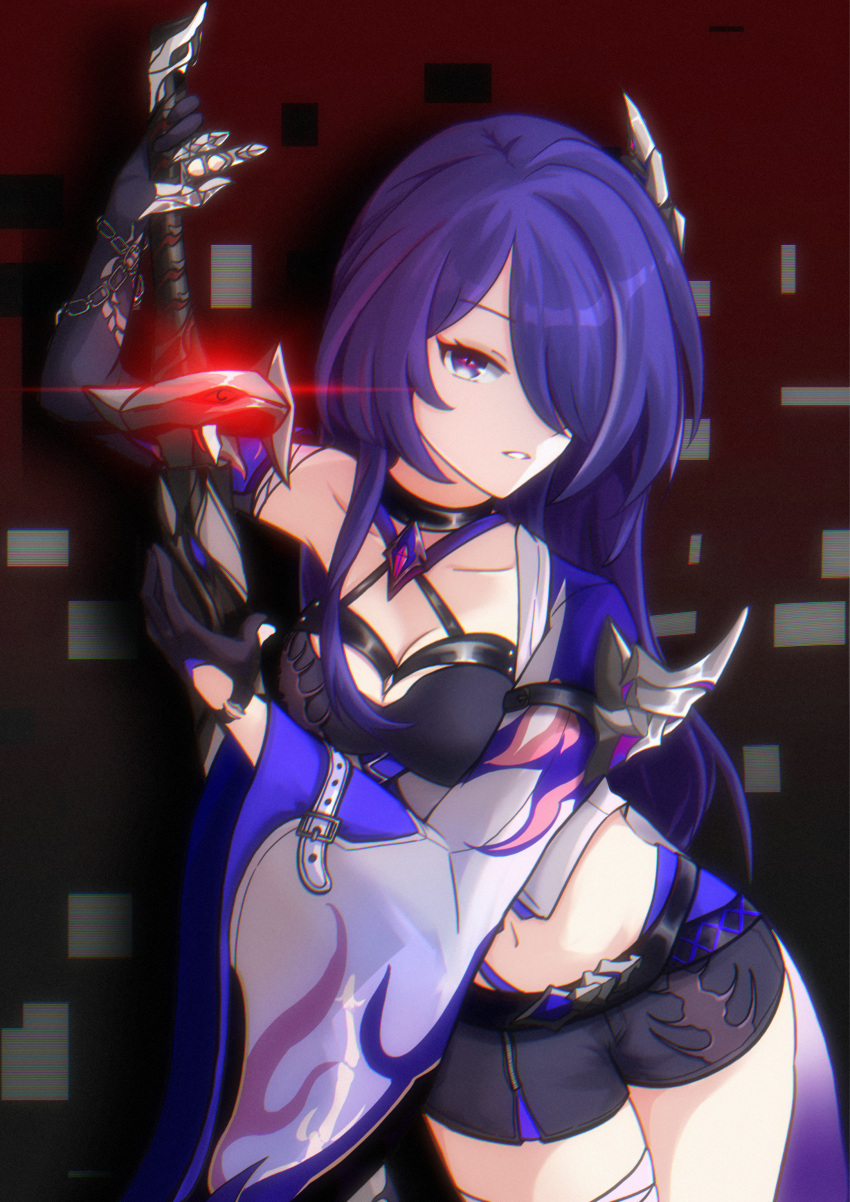 1girl absurdres acheron_(honkai:_star_rail) armor bandaged_arm bandaged_leg bandages belt black_background black_belt black_choker black_gloves black_shorts breasts chain chain_around_arm choker cleavage coat coattails collarbone cowboy_shot criss-cross_halter gloves glowing glowing_sword glowing_weapon gradient_background hair_ornament hair_over_one_eye halterneck highres holding holding_sword holding_weapon honkai:_star_rail honkai_(series) kanbara_uji large_breasts long_hair midriff navel parted_lips purple_eyes purple_hair red_background scabbard sheath sheathed short_shorts shorts shoulder_armor single_bare_shoulder single_wide_sleeve solo sword thighs weapon white_coat