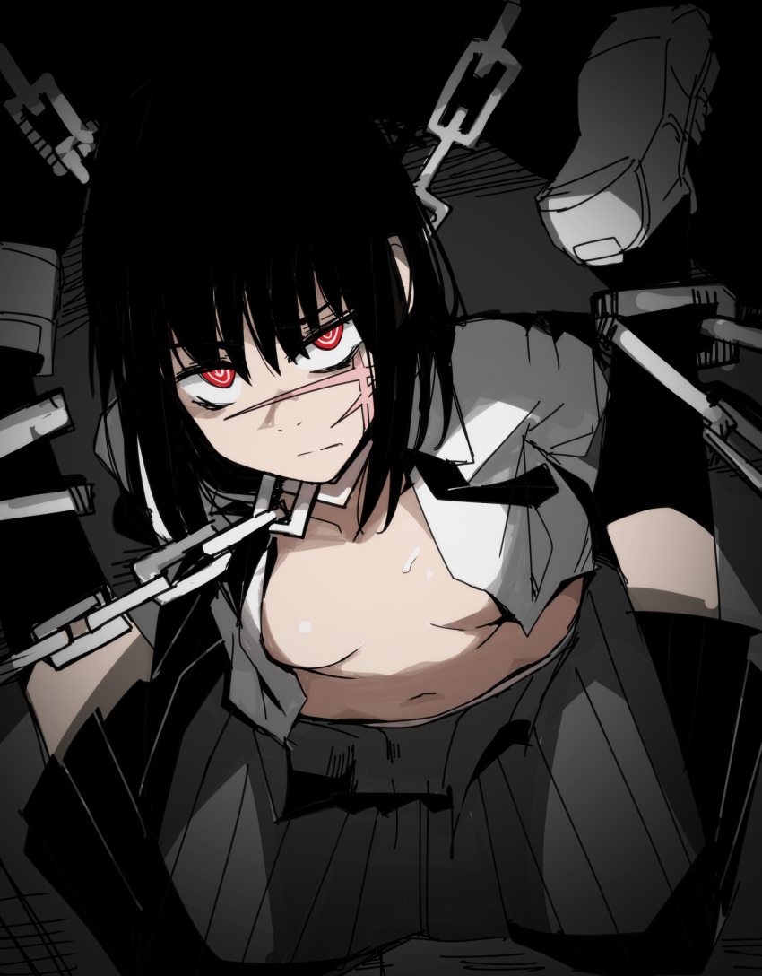 1girl black_hair black_socks breasts chain chainsaw_man highres kneehighs long_hair looking_at_viewer navel nns_(sobchan) open_clothes pleated_skirt red_eyes ringed_eyes scar scar_on_face school_uniform sitting skirt socks solo wariza yoru_(chainsaw_man)