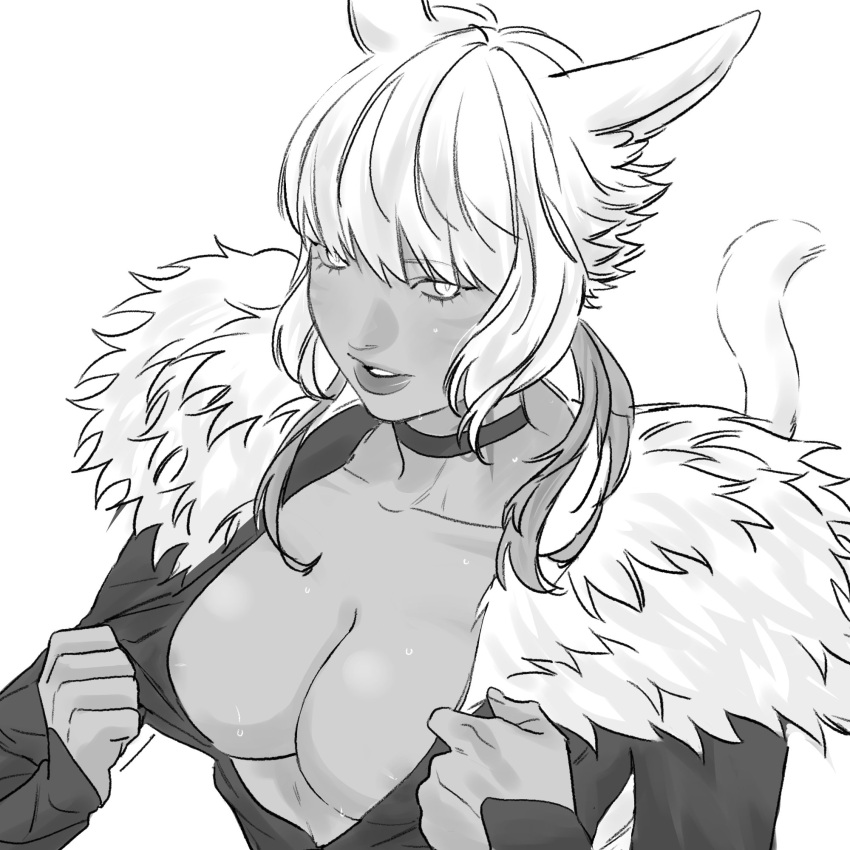 1girl animal_ears archon_mark areola_slip beencap breasts cat_ears cat_girl cat_tail choker cleavage clothes_pull collarbone dark-skinned_female dark_skin dress dress_pull earrings feather_earrings feathers final_fantasy final_fantasy_xiv fur-trimmed_dress fur_trim greyscale highres jewelry large_breasts miqo'te monochrome short_hair solo sweat tail upper_body y'shtola_rhul