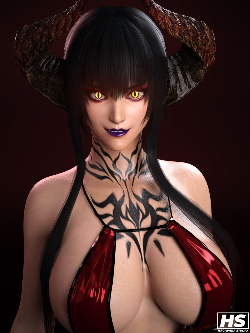 absurd_res breasts eliza_(tekken) female hagiwara_studio hi_res horn humanoid lipstick makeup navel purple_lipstick solo tattoo yellow_eyes