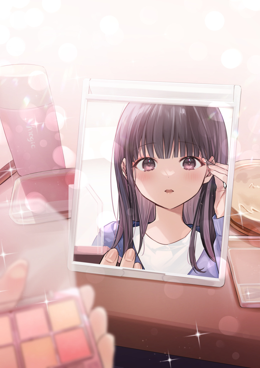 1girl applying_makeup blue_jacket blunt_bangs blurry blush bokeh brown_eyes brown_hair commentary_request depth_of_field female_pov highres holding_cotton_swab jacket kaisake_(utp) long_hair looking_at_mirror looking_at_viewer makeup mirror open_mouth original portrait pov reflection shirt solo sparkle white_shirt