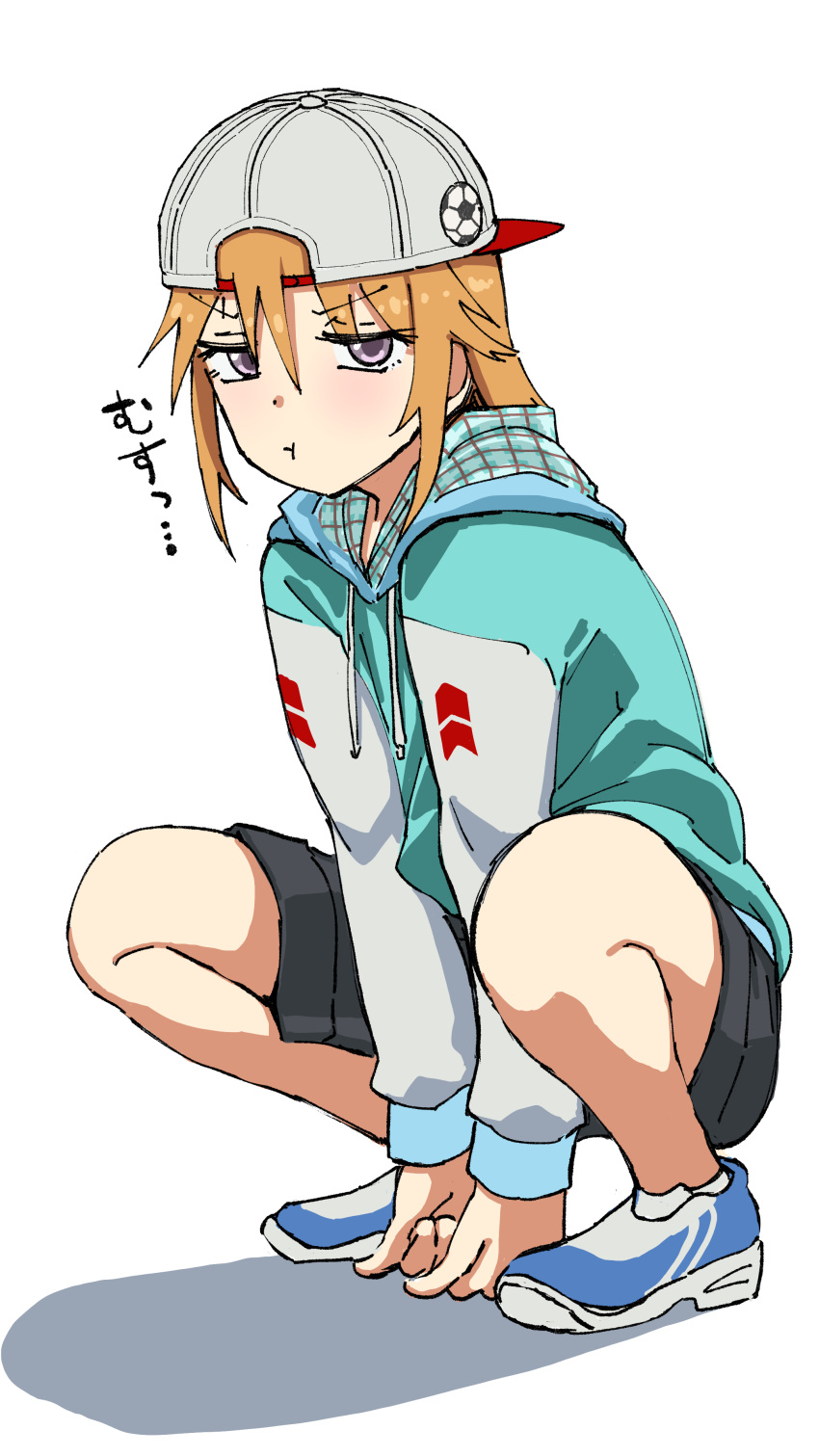 1girl absurdres between_legs black_shorts clenched_hands closed_mouth glaring hair_between_eyes hand_between_legs hat highres hood hoodie idolmaster idolmaster_cinderella_girls inu_chikushou jitome looking_at_viewer non-web_source open_clothes open_hoodie orange_hair pout purple_eyes shoes shorts sneakers solo squatting tomboy v-shaped_eyebrows white_background yuuki_haru