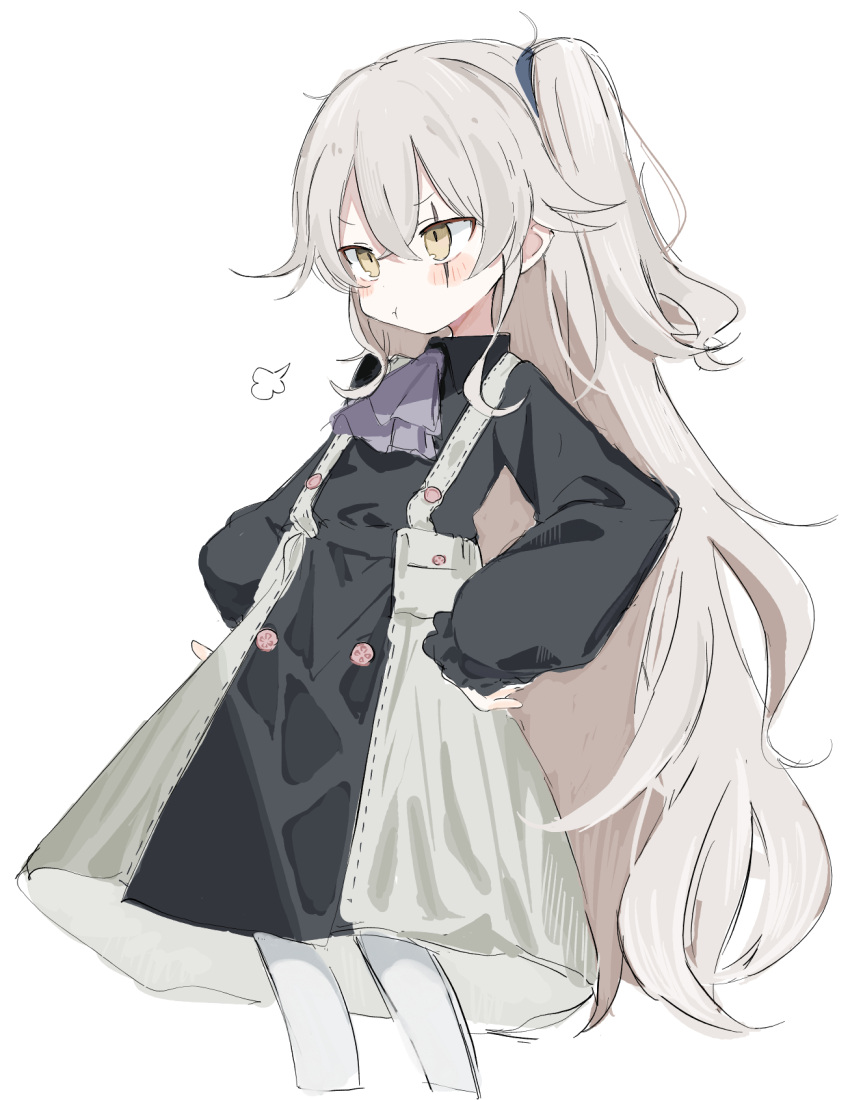 1girl :t aged_down blush girls'_frontline hands_on_own_hips highres long_hair long_sleeves official_alternate_costume one_side_up pantyhose sanma_(tabet_) scar scar_across_eye solo ump45_(agent_lop_rabbit)_(girls'_frontline) ump45_(girls'_frontline) white_pantyhose