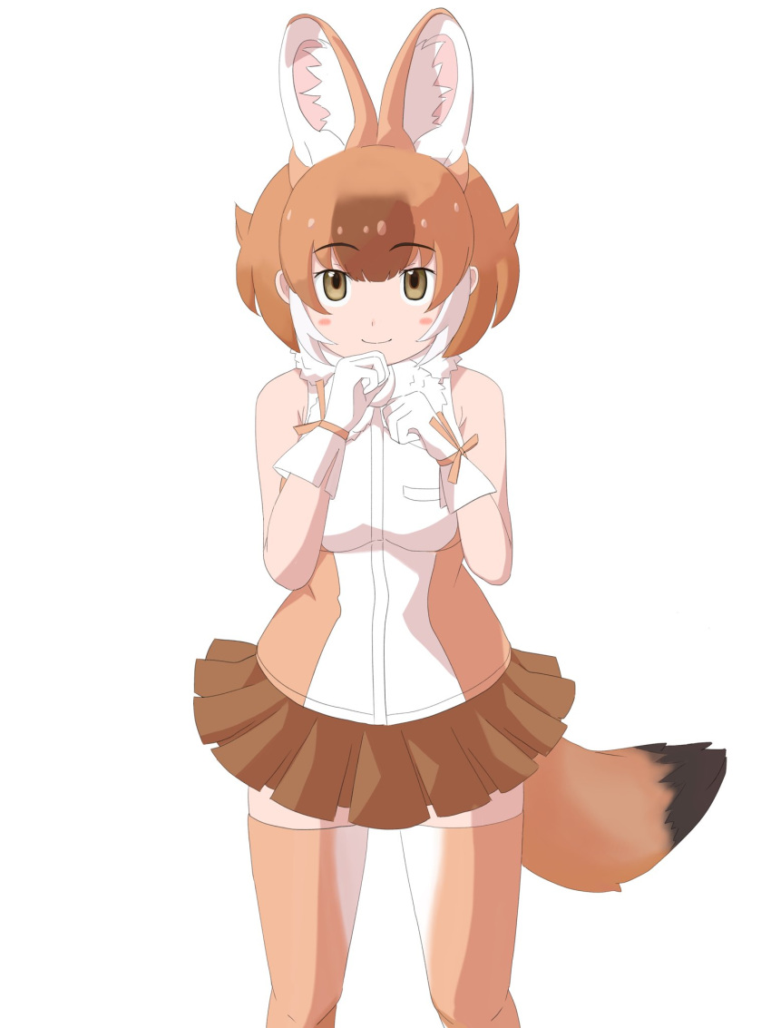 1girl animal_ears bare_shoulders blush bow brown_hair dhole_(kemono_friends) dog_ears dog_girl dog_tail extra_ears gloves highres kemono_friends kemono_friends_3 looking_at_viewer multicolored_hair ne6866016832684 open_mouth shirt short_hair skirt sleeveless smile solo tail two-tone_hair white_hair
