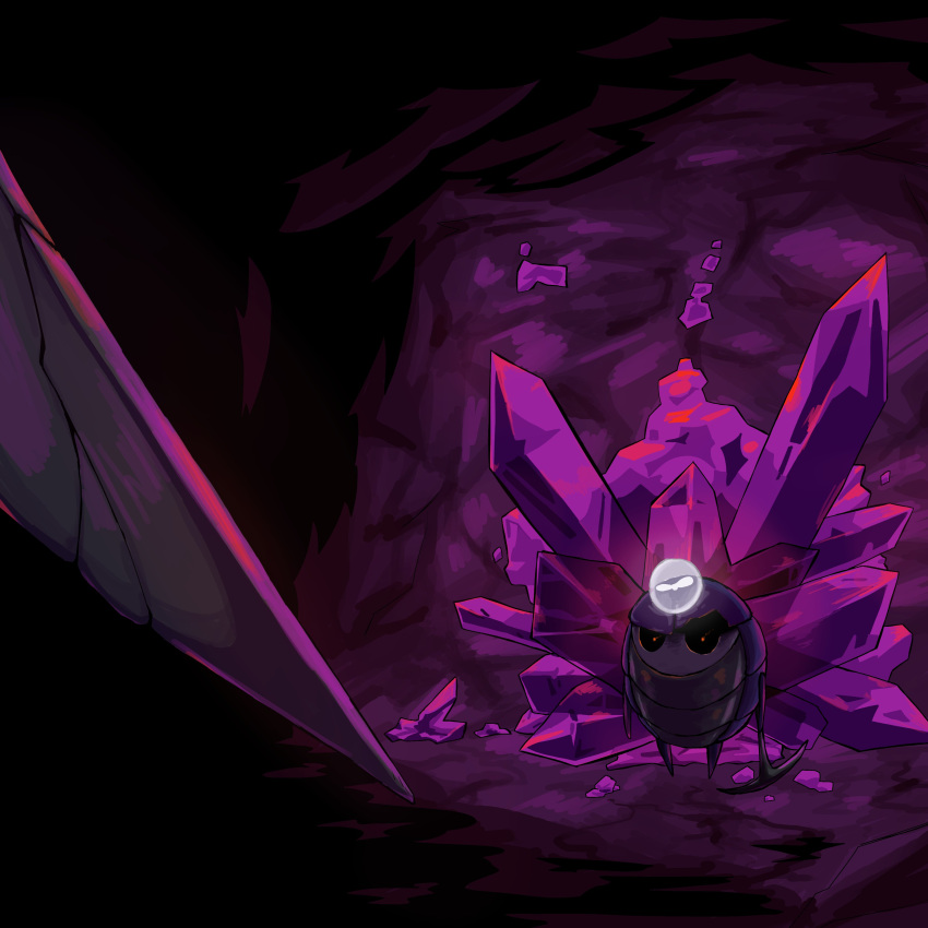 2024 absurd_res arthropod cave crystal digital_media_(artwork) female glowing hi_res hollow_knight infected_(species) looking_at_another melee_weapon miner myla_(hollow_knight) nail_(weapon) orange_eyes pickaxe sharpski solo standing stare sword team_cherry weapon