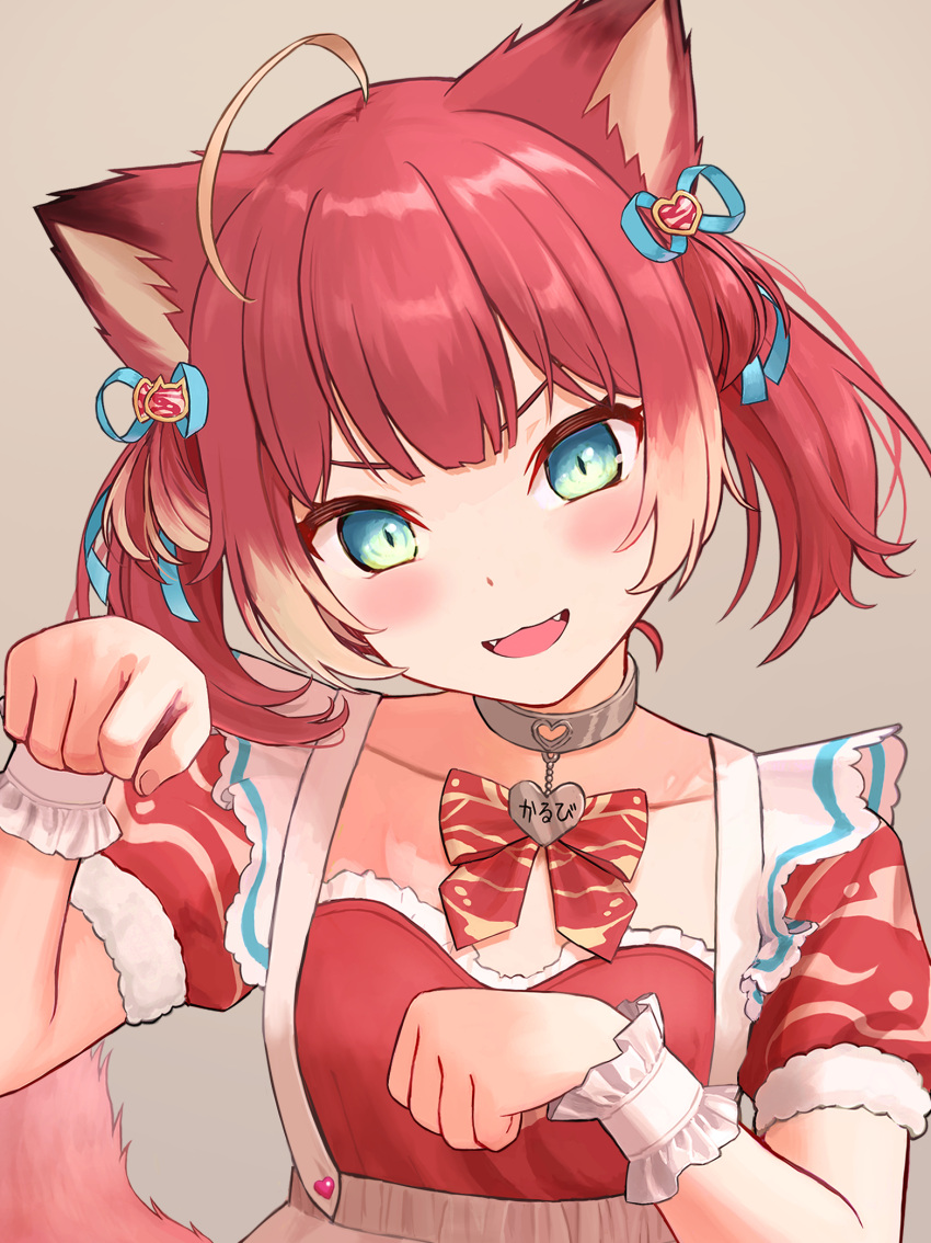 1girl :d ahoge akami_karubi animal_ears blue_eyes blue_ribbon blush bow bowtie brown_background cat_ears cat_girl collar collarbone dress fangs frilled_wrist_cuffs frills gloves grey_collar highres indie_virtual_youtuber ishiyuki looking_at_viewer multicolored_hair open_mouth paw_pose red_bow red_bowtie red_dress red_hair ribbon short_hair simple_background smile solo tongue twintails virtual_youtuber white_wrist_cuffs wrist_cuffs