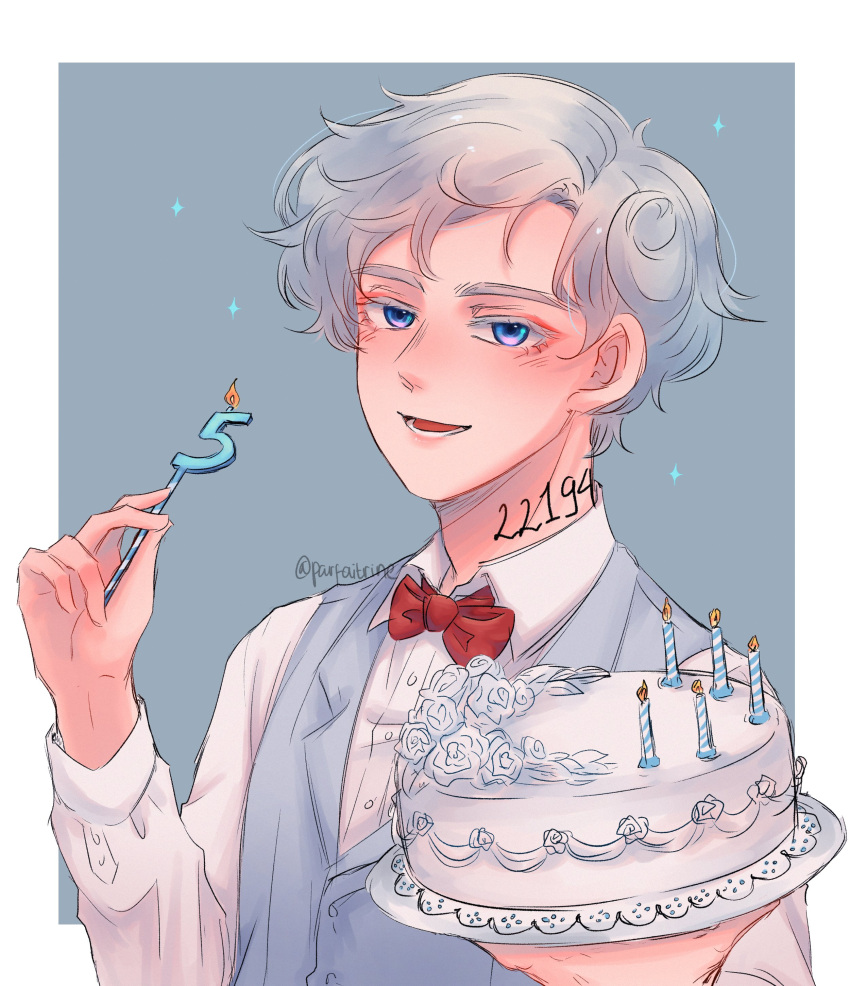 1boy absurdres blue_eyes blue_vest bow bowtie cake candle food grey_hair highres holding holding_candle male_focus neck_tattoo norman_(yakusoku_no_neverland) number_candle number_tattoo open_mouth parfaitrine red_bow red_bowtie shirt short_hair solo tattoo vest white_shirt yakusoku_no_neverland