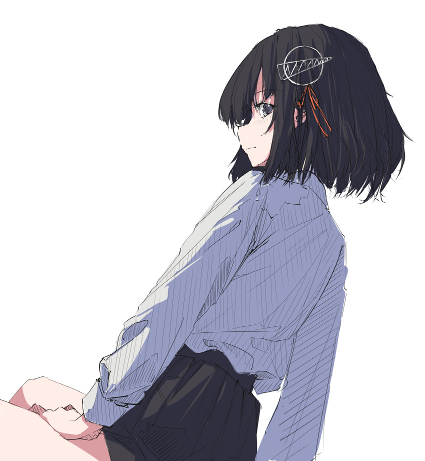 1girl absurdres alternate_costume black_hair black_skirt brown_eyes collared_shirt dress_shirt from_behind haguro_(kancolle) hair_ornament hairclip highres kantai_collection looking_at_viewer looking_back shirt short_hair sitting skirt solo white_shirt yamamori_oyatsu