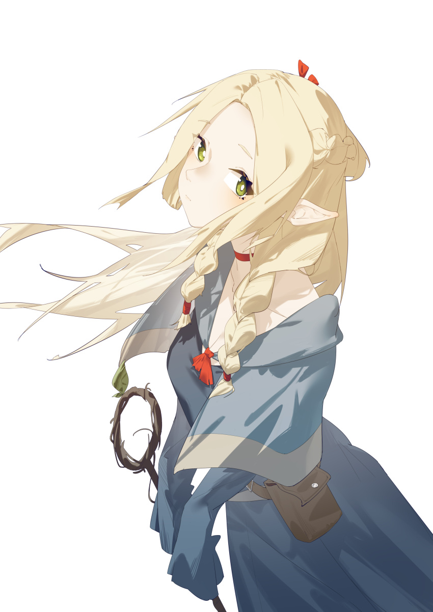 1girl absurdres awmin blonde_hair blue_robe braid choker closed_mouth commentary_request cowboy_shot dungeon_meshi elf green_eyes grey_background highres holding holding_staff long_hair long_sleeves looking_at_viewer marcille_donato own_hands_together pointy_ears red_choker robe simple_background sleeves_past_fingers sleeves_past_wrists solo staff standing