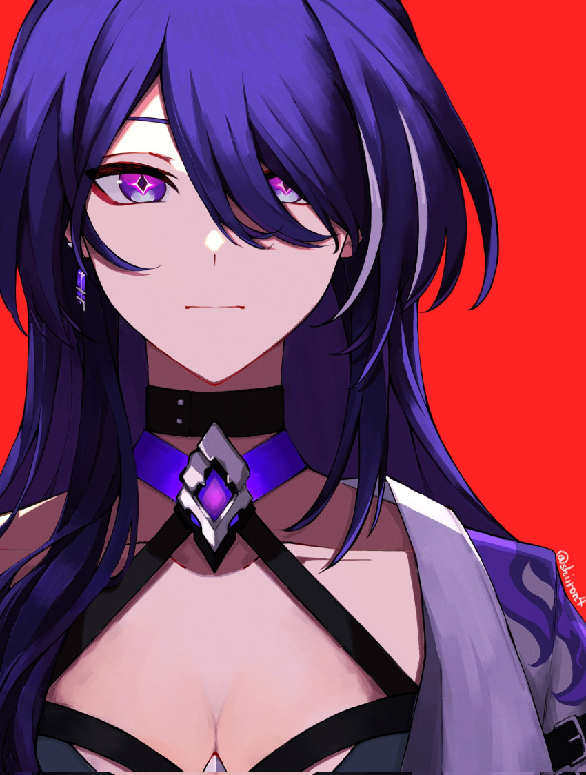 1girl acheron_(honkai:_star_rail) black_choker breasts choker cleavage closed_mouth collarbone commentary criss-cross_halter diamond-shaped_pupils diamond_(shape) earrings english_commentary eyes_visible_through_hair hair_between_eyes hair_over_one_eye halterneck highres honkai:_star_rail honkai_(series) jewelry long_hair looking_at_viewer medium_breasts multicolored_hair neru_(shiiron4) portrait purple_eyes purple_hair red_background solo streaked_hair symbol-shaped_pupils twitter_username
