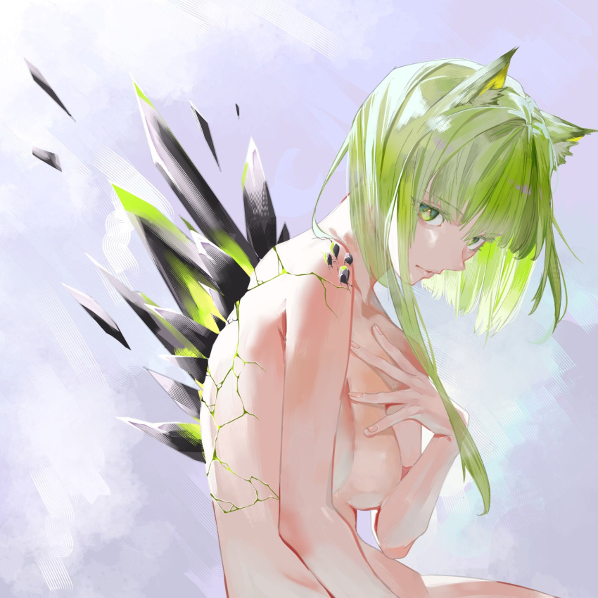 1girl animal_ear_fluff animal_ears arknights asymmetrical_hair breasts cat_ears closed_mouth cracked_skin green_eyes green_hair hand_on_own_chest highres kal'tsit_(arknights) kyouno_(echo_field) looking_at_viewer material_growth medium_breasts nude sitting solo