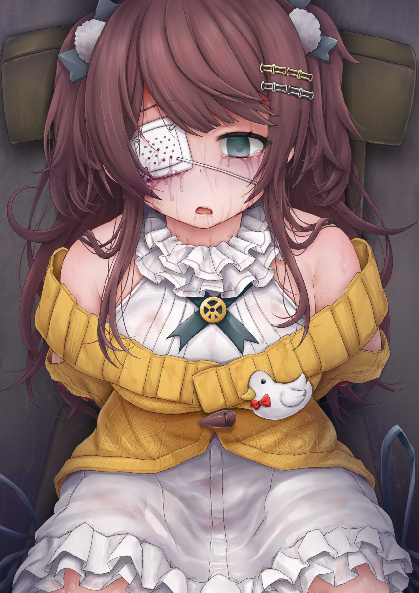 1girl absurdres arms_behind_back azyapa3 breasts brown_hair commentary_request cowboy_shot cross_tie crying crying_with_eyes_open dress empty_eyes eyepatch frilled_dress frills grey_eyes hair_ornament hairclip highres long_hair mahjong_soul medical_eyepatch medium_bangs medium_breasts off-shoulder_sweater off_shoulder open_mouth pom_pom_(clothes) pom_pom_hair_ornament shinomiya_fuyumi sidelocks sleeveless sleeveless_dress solo sweater tears two_side_up white_dress yellow_sweater