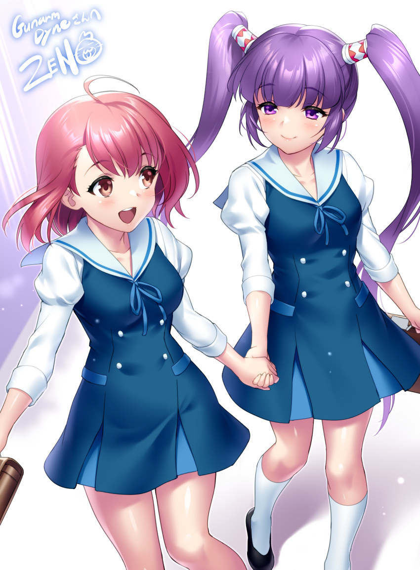 2girls absurdres ahoge alternate_costume blue_ribbon blush commission commissioner_upload crossover dress golden_eyes highres holding_hands m.o.m.o. multiple_girls pink_hair purple_eyes purple_hair ribbon school_uniform skeb_commission smile sophie_(tales) tales_of_(series) tales_of_graces twintails xenosaga zen_(kamuro)