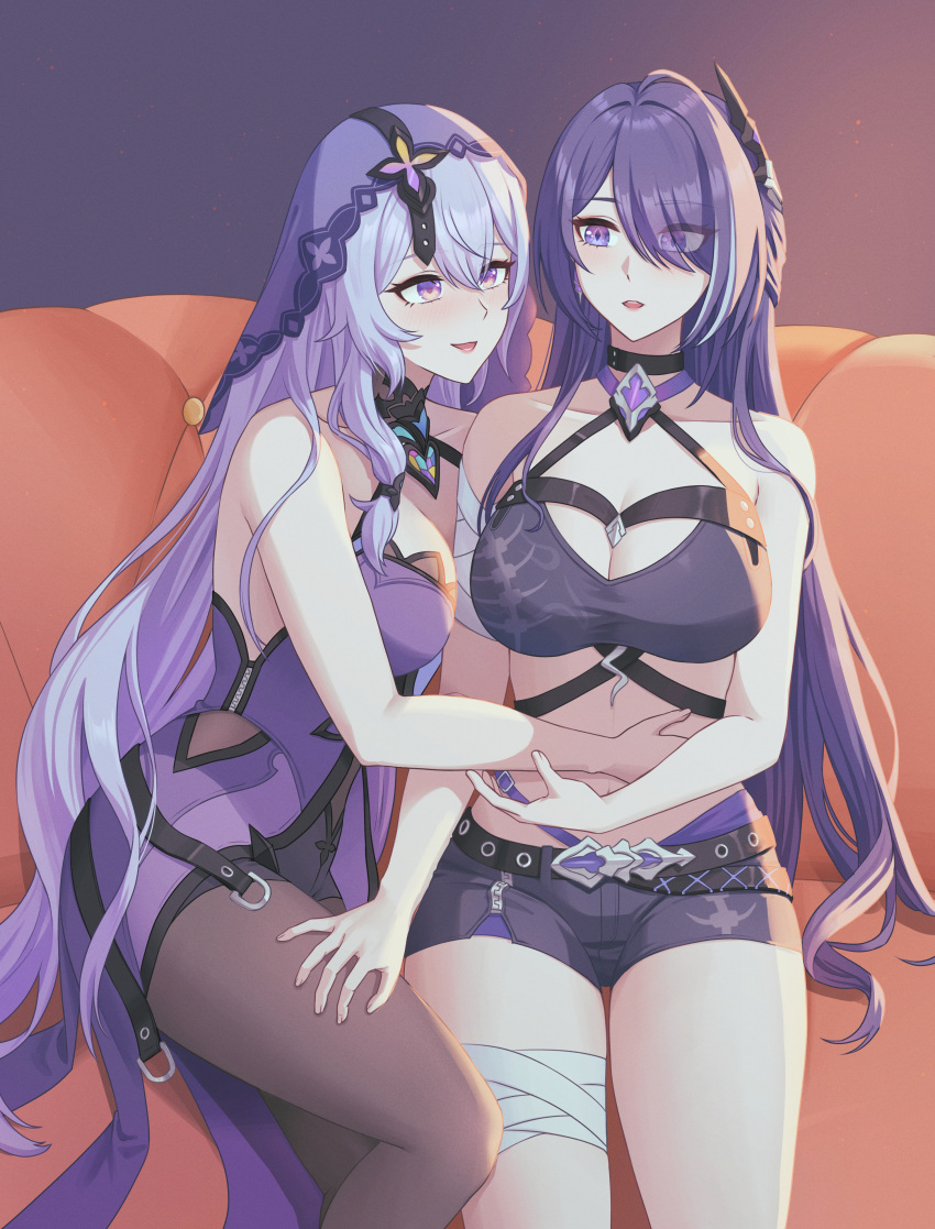 2girls :d absurdres acheron_(honkai:_star_rail) bandaged_arm bandaged_leg bandages bare_arms bare_shoulders black_swan_(honkai:_star_rail) breasts brown_pantyhose cleavage commentary criss-cross_halter crop_top dress hair_ornament hair_over_one_eye halterneck highres honkai:_star_rail honkai_(series) large_breasts long_hair midriff miyo12 multiple_girls open_mouth pantyhose purple_dress purple_eyes purple_hair sitting sleeveless sleeveless_dress smile stomach thighs veil very_long_hair yuri