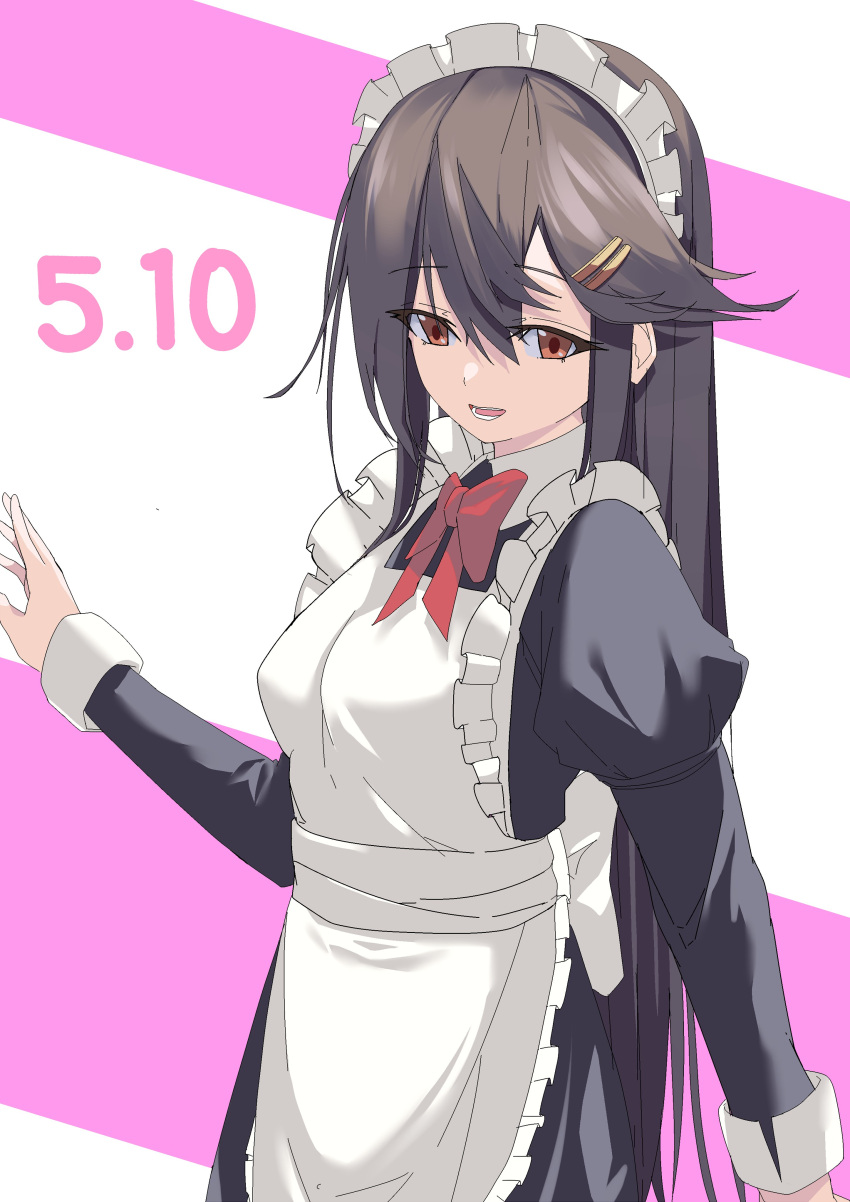 001machi 1girl absurdres alternate_costume apron black_dress black_hair bow cowboy_shot dated dress enmaided frilled_apron frills hair_ornament hairclip haruna_(kancolle) highres kantai_collection long_hair maid maid_headdress red_bow red_eyes solo two-tone_background white_apron